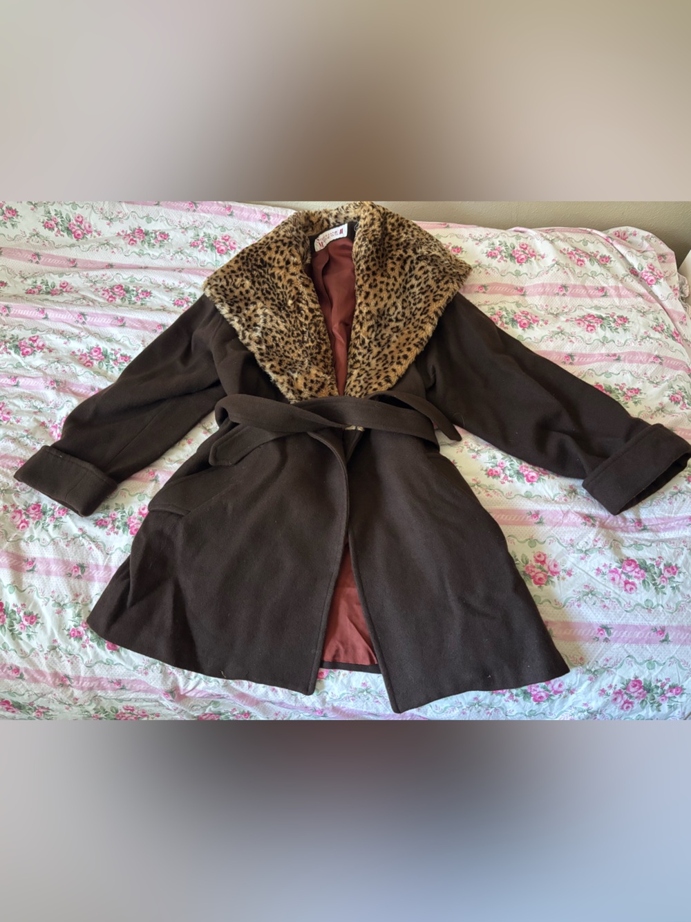 Stephanie Mathews VINTAGE Wool Blend Brown Coat with Leopard Faux Fur Collar